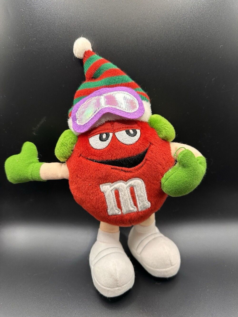 VTG 2002 M&M Red Character Christmas Holiday Skier Plush Toy  with Goggles & Hat